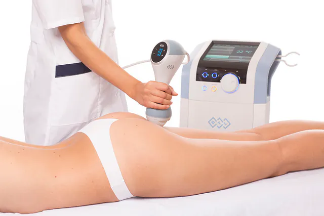 EMTONE handpiece on the thigh for cellulite, treatment available at Square Mile Clinic, City of London